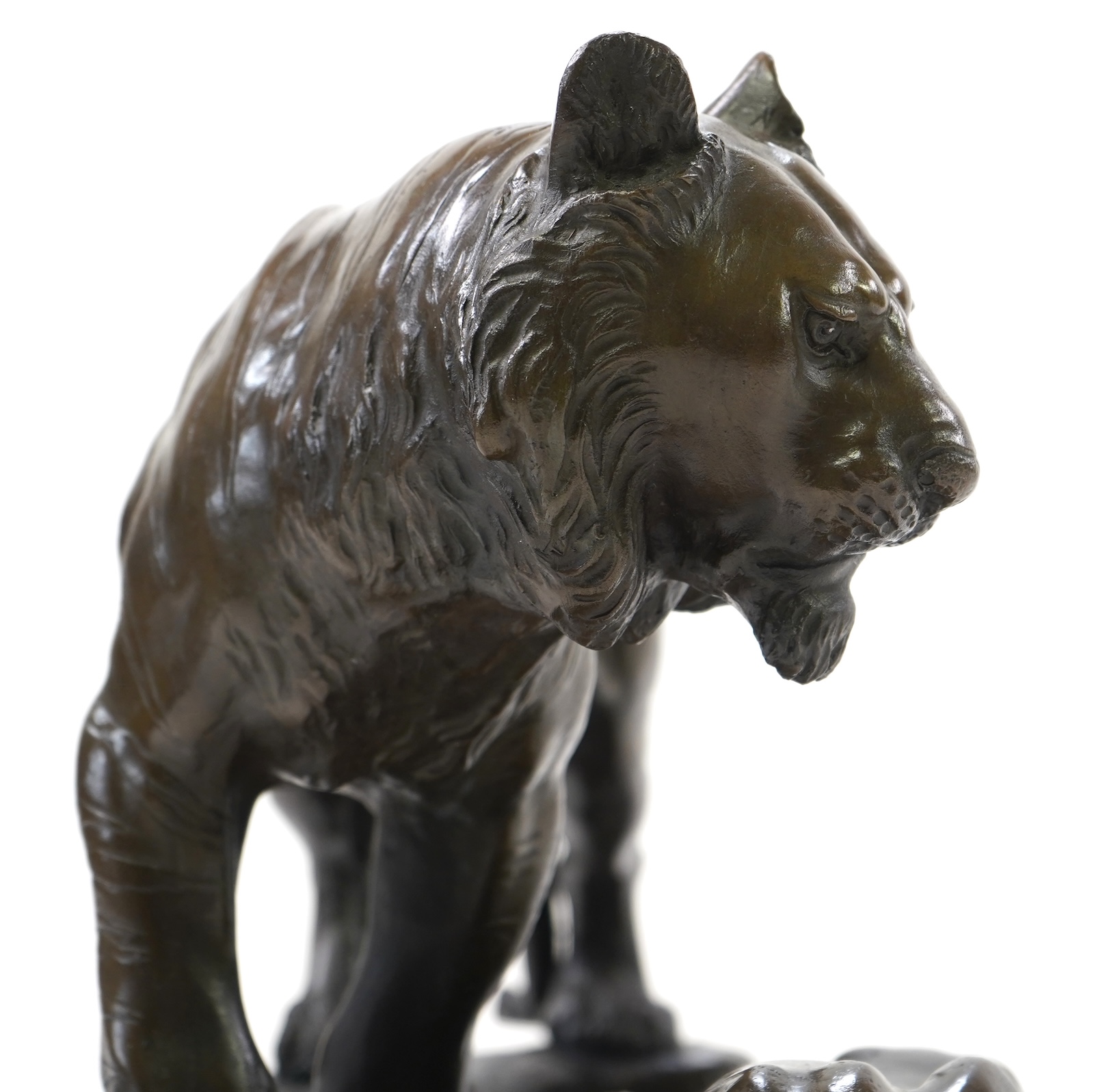 CHANGE TO DESCRIPTION- After Genryusai Seiya, a large patinated bronze group of two tigers on a riverbank